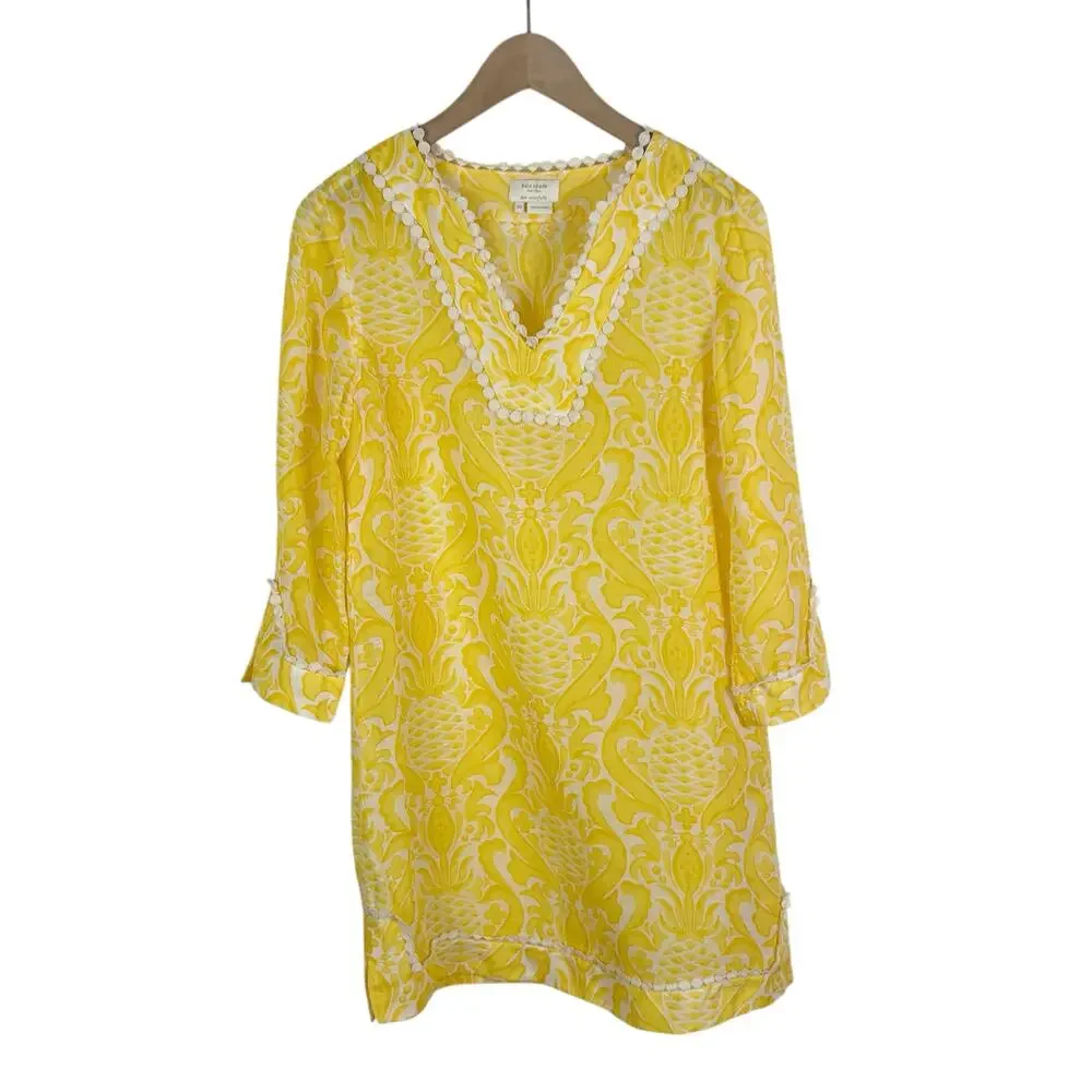 Kate Spade Yellow Pineapple Print Linen and Silk Blend Tunic Dress Size XS